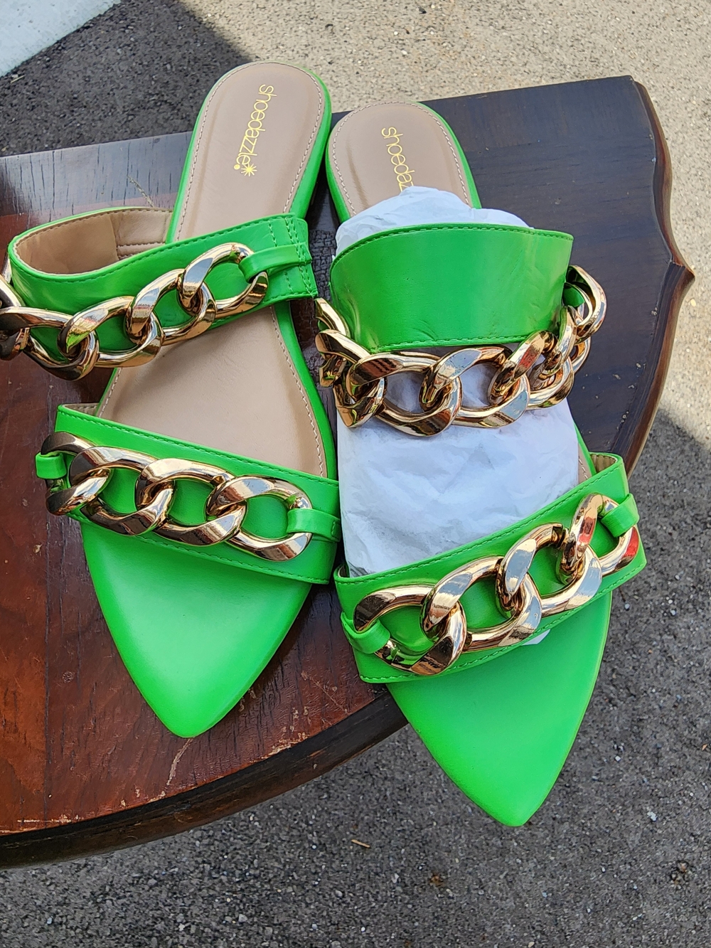 Shoe Dazzle Neon Green Pointed Chain-Detail Slide Mules